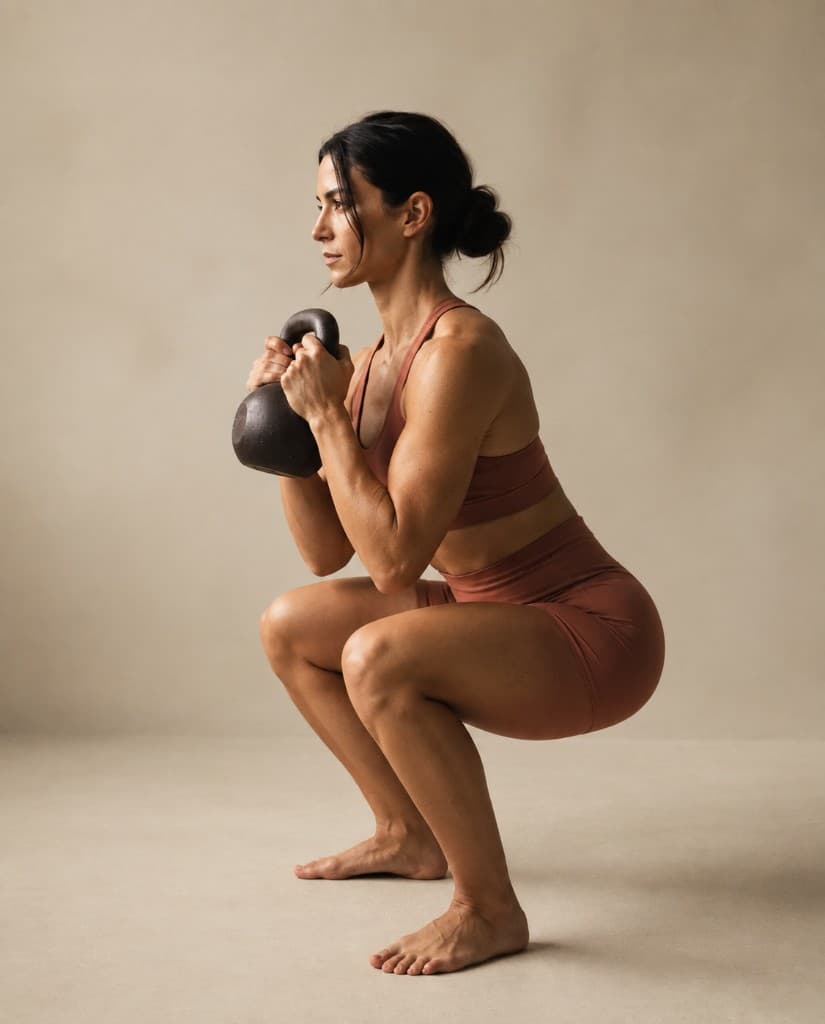 Mujer realizando una sentadilla goblet con kettlebell en MODO 8